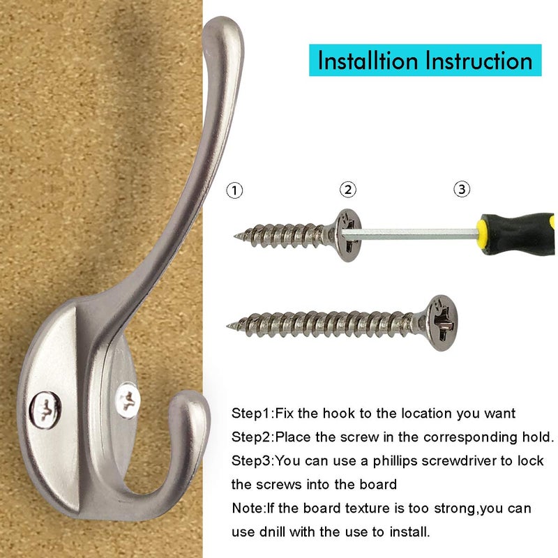 IBosins 10 Pack Heavy Duty Dual Coat Hooks Wall Mounted with 40 Screws Retro Double Hooks Utility Silvery Hooks for Coat, Scarf, Bag, Towel, Key, Cap, Cup, Hat (Silvery) - Image 4